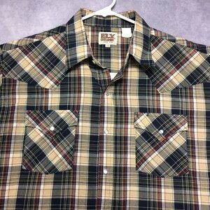 Ely Cattleman Mens Western Pearl Snap Shirt size XL Short Sleeve Tan Blue Red